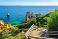 Wooden footbridge to secret beach near Lagos on Ponta da Piedade. Portugal Royalty Free Stock Photo