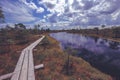 wooden footpath boardwalk in the bog swamp area - vintage retro