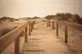 Wooden footpath through dunes at the ocean beach Royalty Free Stock Photo