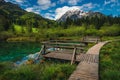 Wooden footpath near lake Zelenci, Kranjska Gora, Slovenia Royalty Free Stock Photo