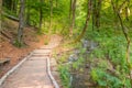 Wooden footpath at Plitvice lakes, Croatia. Road in the forest near beautiful lakes. Peaceful place in national park Royalty Free Stock Photo