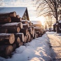 Log pine nature winter forest wooden stack snow wood woodpile trees background pile firewood Royalty Free Stock Photo