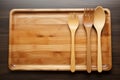 Wooden fork and spoon on chopping board, rustic kitchen scene