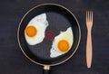 Wooden fork and two fried eggs in a frying pan on a dark wooden background Royalty Free Stock Photo