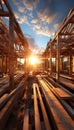 Wooden frame for a building securing beams at the construction site, construction and engineering image