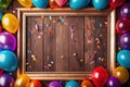 Wooden frame among colorful carnival or party balloons, streamers and confetti on rustic grunge wood planks with copy space. Royalty Free Stock Photo