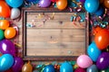 Wooden frame among colorful carnival or party balloons, streamers and confetti on rustic grunge wood planks with copy space. Royalty Free Stock Photo