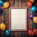 Wooden frame among colorful carnival or party balloons, streamers and confetti on rustic grunge wood planks with copy space Royalty Free Stock Photo