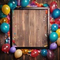 Wooden frame among colorful carnival or party balloons, streamers and confetti on rustic grunge wood planks with copy space Royalty Free Stock Photo