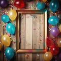 Wooden frame among colorful carnival or party balloons, streamers and confetti on rustic grunge wood planks with copy space Royalty Free Stock Photo