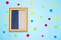 wooden frame with copy space dark blue on the right side of the background, in addition to pastel blue wallpaper Royalty Free Stock Photo