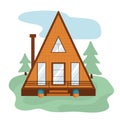 Wooden A-frame house surrounded by fir trees
