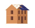 Wooden frame house under construction, incomplete building with exposed beams. Home construction site. Architecture and