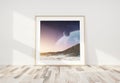 Wooden frame leaning in bright white interior with wooden floor mockup 3D rendering