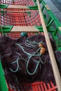 Wooden frame and mast of traditional  Irish sailing boat with fishing nets Royalty Free Stock Photo