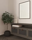 Wooden frame mockup, close up of cozy wooden living room in dark tones, lounge furniture, rattan commode with potted small tree,