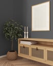 Wooden frame mockup, close up of cozy wooden living room in gray tones, lounge furniture, rattan commode with potted small tree,