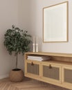 Wooden frame mockup, close up of cozy wooden living room in white tones, lounge furniture, rattan commode with potted small tree,