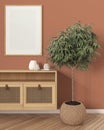 Wooden frame mockup, close up of modern wooden living room in orange tones, lounge furniture, rattan commode, potted plant.