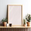 wooden frame mockup standing vertically on a wooden table, hollow frame, 3d design Royalty Free Stock Photo