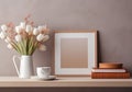Wooden frame mockup on vintage bench, table. Modern white ceramic vase with flower, White wall background. AI Generated