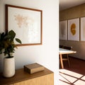 Wooden frame with small artwork hanging on white wall over cabinet with potted plant on sunny day. Generative AI.