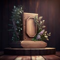 Wooden frame with spring flowers and tulips on old wooden background podium for product presentatio