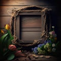 Wooden frame with spring flowers and tulips on old wooden background podium for product presentatio