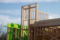 wooden frame structure house building on a new development framing of under construction house Royalty Free Stock Photo