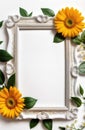 wooden frame with sunflowers and copy space on white background for greeting card design Royalty Free Stock Photo