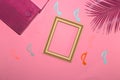 wooden frame surrounded by colorful musical notes, pink radio and palm leaf, creative art design