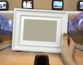 Wooden frame in woman hands on the background of bowling lanes