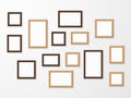 Wooden frame. Wood blank picture frames in different sizes on wall. Museum gallery mockup design, advertising image