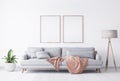 Wooden frames on white wall background .interior design of living area, peach stylish sofa Royalty Free Stock Photo