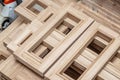 Wooden frames on workbench in carpentry workshop