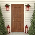 Wooden front door with the christmas decor. 3d render