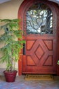 Wooden front door with decorative facade and glass windows with brown welcome mat and tropical plant in pot Royalty Free Stock Photo