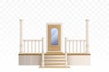 Wooden front door and porch staircase