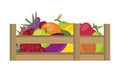 wooden fruit box. apple, grape, peach, lemon, pear, plum, orange, cherry, banana, watermelon. healthy food, fruits Royalty Free Stock Photo