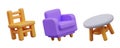 Wooden fullback chair, soft purple armchair, round stool. Isolated vector furniture for sitting