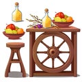 Wooden furniture in country style, liqueur and fruits. Vector Illustration in cartoon style isolated on white Royalty Free Stock Photo