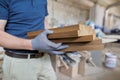 Wooden furniture details in hands of carpenter Royalty Free Stock Photo