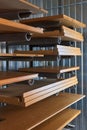 Wooden furniture facade and shelves. Lacquered. Details wood production Royalty Free Stock Photo