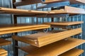 Wooden furniture facade and shelves. Lacquered. Details wood production Royalty Free Stock Photo