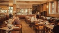 Wooden furniture and tiles floor in retro style restaurant, at bright day before lunch Royalty Free Stock Photo