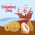 Wooden galleon and a compass on land Columbus day concept poster Vector