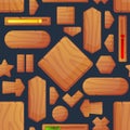 Wooden game interface elements seamless pattern. Menus and arrow buttons. Wood frames. Repeated print. Natural material with tree Royalty Free Stock Photo