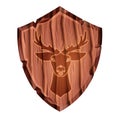 Wooden game shield vector illustration, medieval UI league badge, isolated deer silhouette.