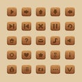 Wooden game UI buttons. Cartoon home screen interface and menu icons, comic GUI start play pause restart buttons asset