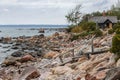 Wooden gangway on the shore of Baltic sea in Viimsi Royalty Free Stock Photo